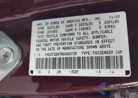 2008 Honda Accord 2.4 Ex-L from USA, damaged, VIN 1HGCP26878A046739